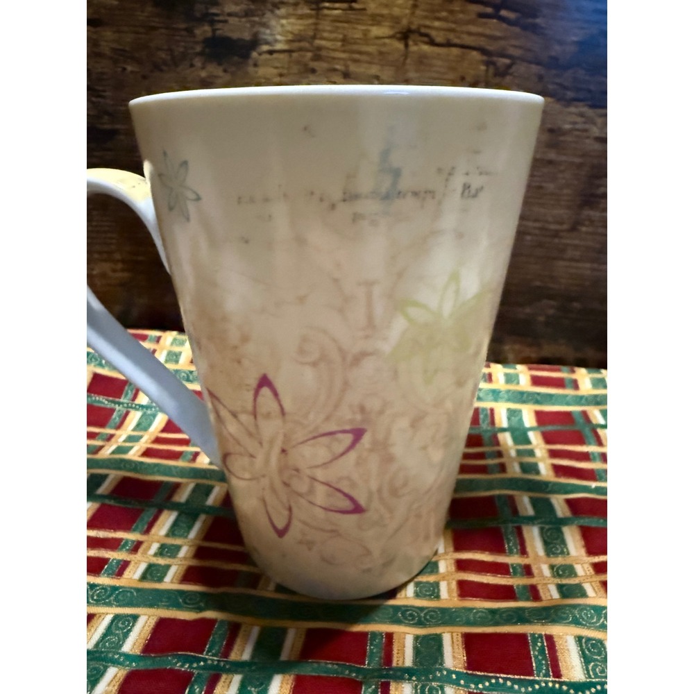 Konitz Germany Porcelain Coffee Mug Floral Script Tapered Tea Cup Tan Multi